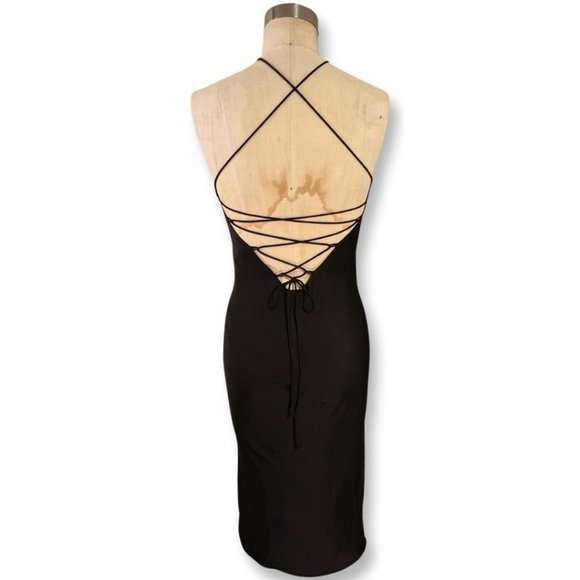 Unknown Dresses & Skirts - Super Sexy, Sleek, and Slinky Bias Cut Black Satin Dress: Laced Back Hal…